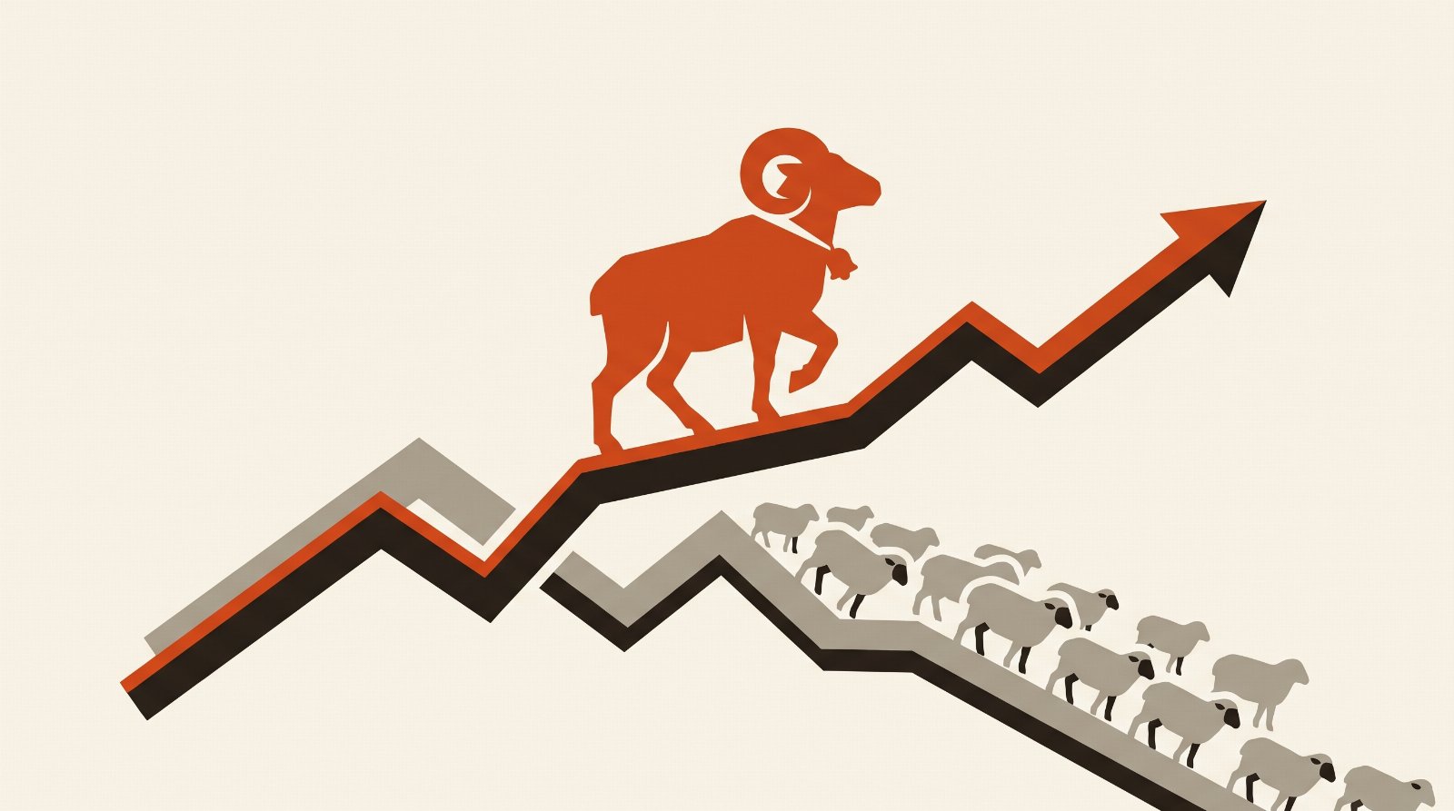 A vermillion ram with a bell leads up a rising chart-line ridge while a grey flock descends a falling one.