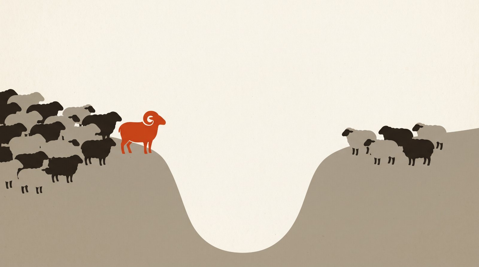Two flocks of sheep on facing hillsides — a larger vermillion-marked flock and a smaller grey one — with an empty valley between them.