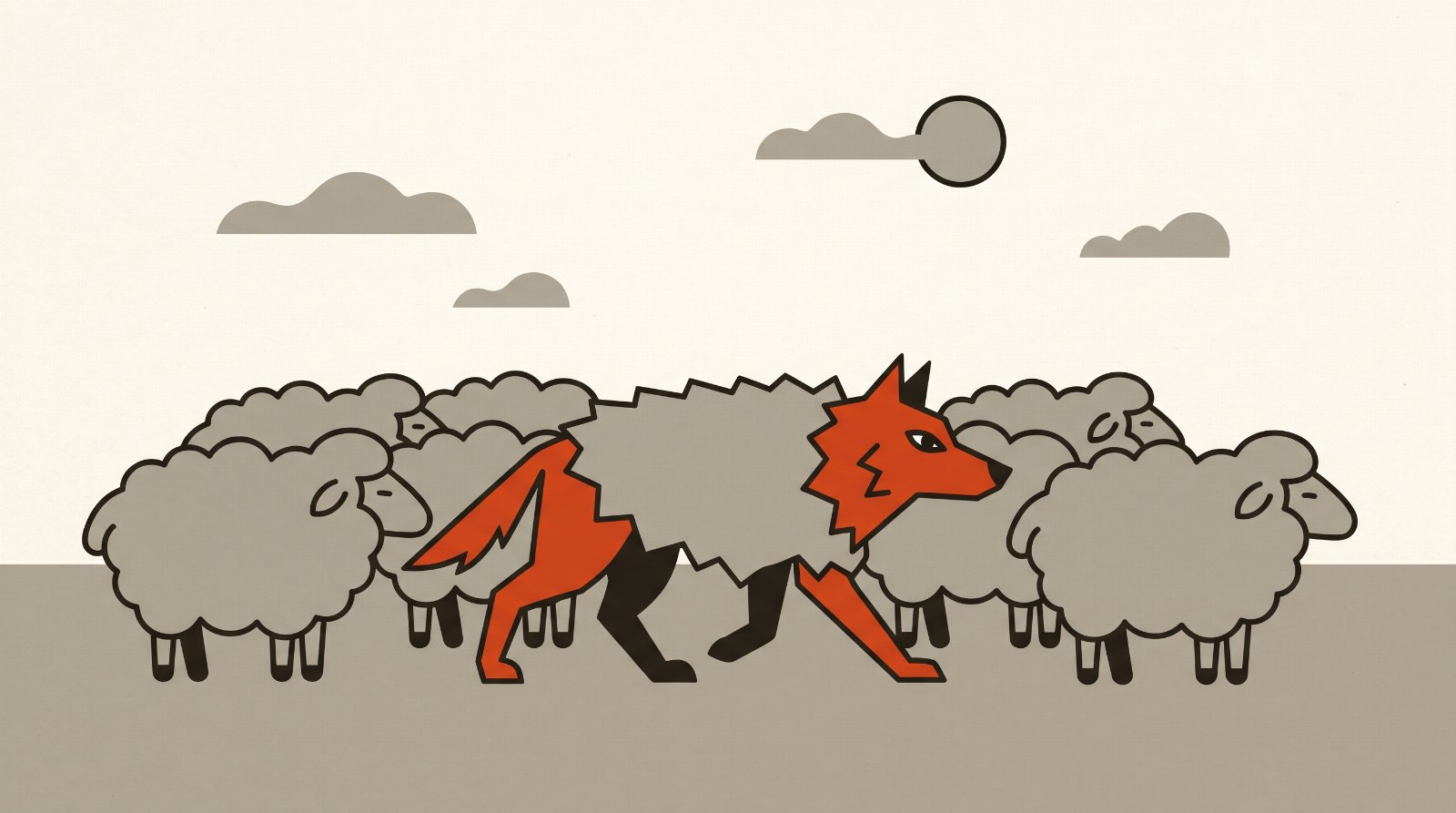 A vermillion wolf in a grey sheep's fleece moving through a flock, the disguise slipping at the edges.